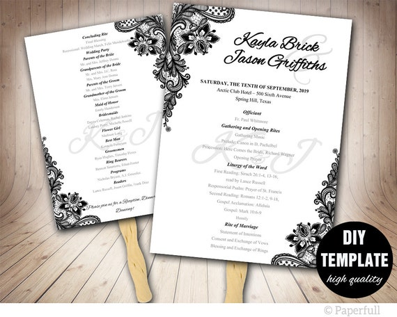 Black Wedding Program Fan Template Printable Wedding Black Etsy