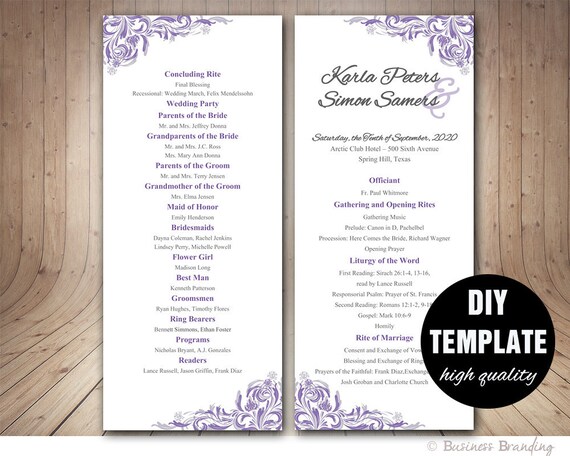 Purple Wedding Programlavender Wedding Program Template Etsy