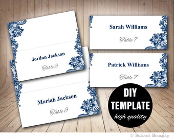 Navy Blue Wedding Placecard Template Foldover, DIY Blue Place card, Instant Download,Printable Lace Wedding Seating Placecards