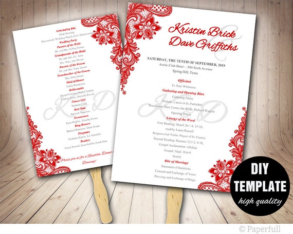 Elegant Wedding Fan Program In Redprintable Wedding Fan Etsy