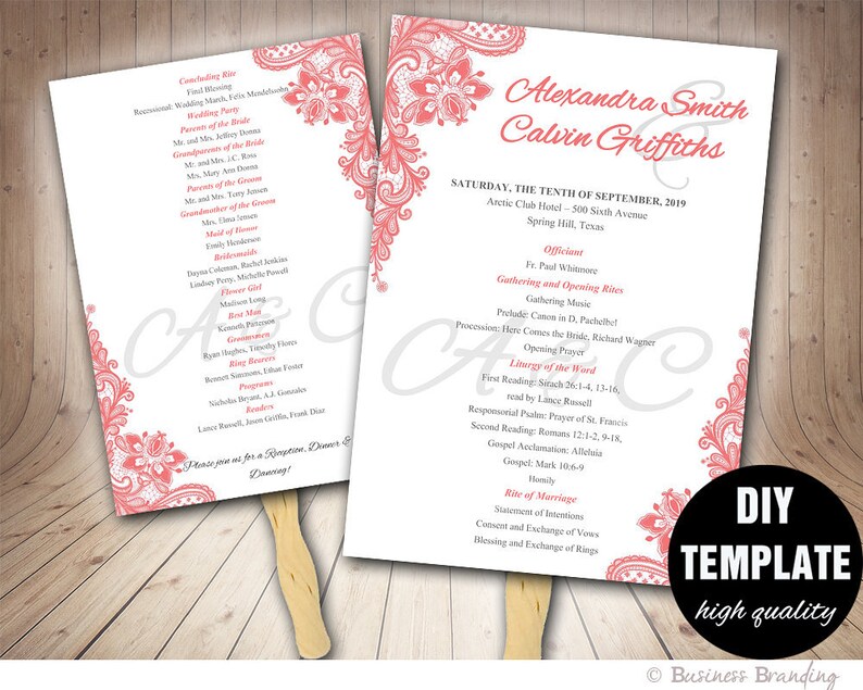 Salmon Pink Wedding Fan Program Diy Instant Microsoft Word Printable Template