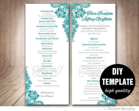 teal wedding program template instant download microsoft etsy
