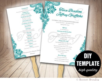Lace Wedding Programs FAN Template DIY Instant Download,Printable Wedding Fan Program,Aqua Wedding Program,Teal Wedding Fan Program