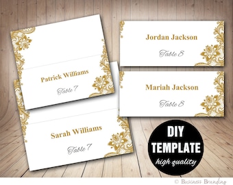 Gold Lace Wedding Place cards Template Foldover, DIY Gold Place card, Instant Download,Gold and silver Printable Wedding Seating Placecards