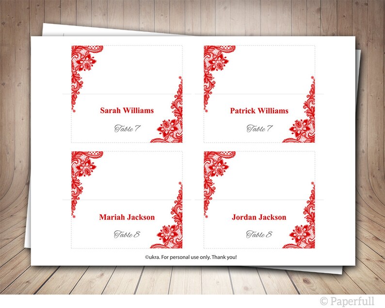 Red Wedding Placecard Template Foldover DIY Red Place Card - Etsy