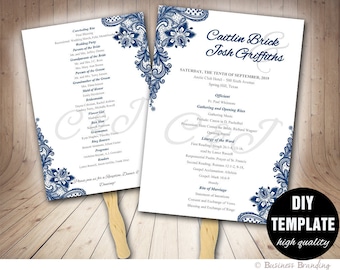 Blue Wedding Programs FAN Template DIY Instant Download,Printable Wedding Fan Program,Navy Blue Wedding Program,Blue Wedding,Lace Program