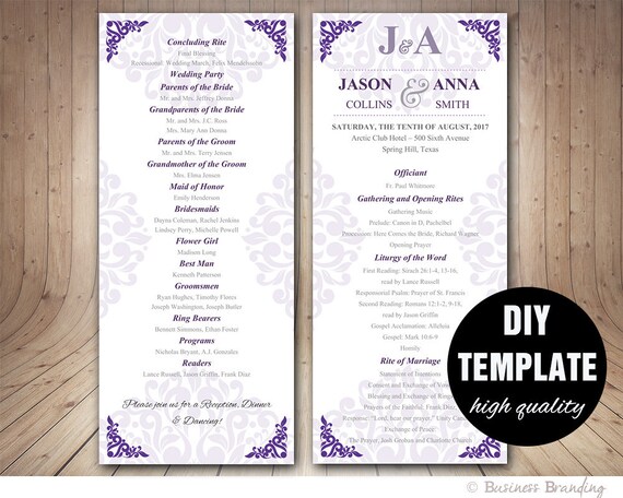 Purple Wedding Program Templateinstant Download Microsoft Etsy