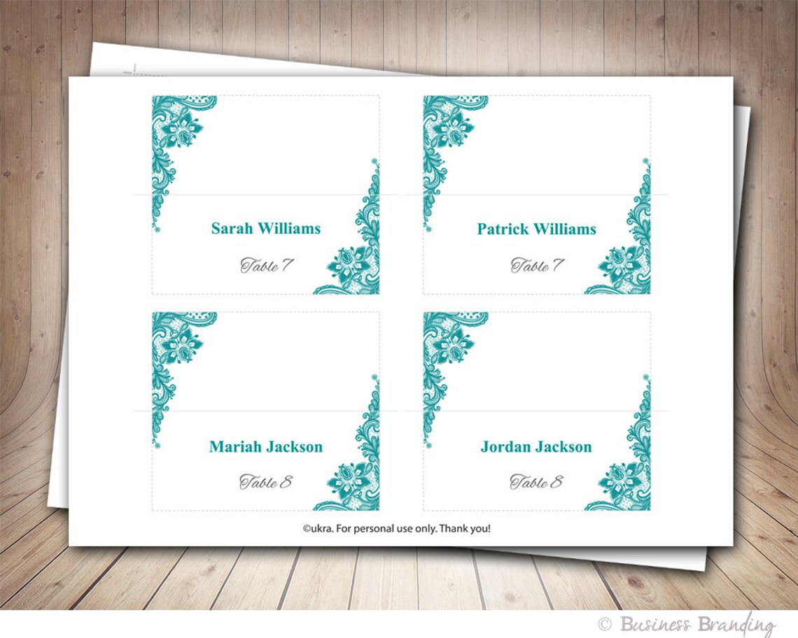 Wedding Lace Place Cards Template Foldoverdiy Teal Place - Etsy