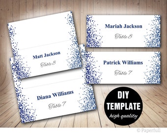 Wedding Placecard Template, Printable Blue Place cards, Navy Blue Wedding Placecards Template, Confetti Wedding Place cards