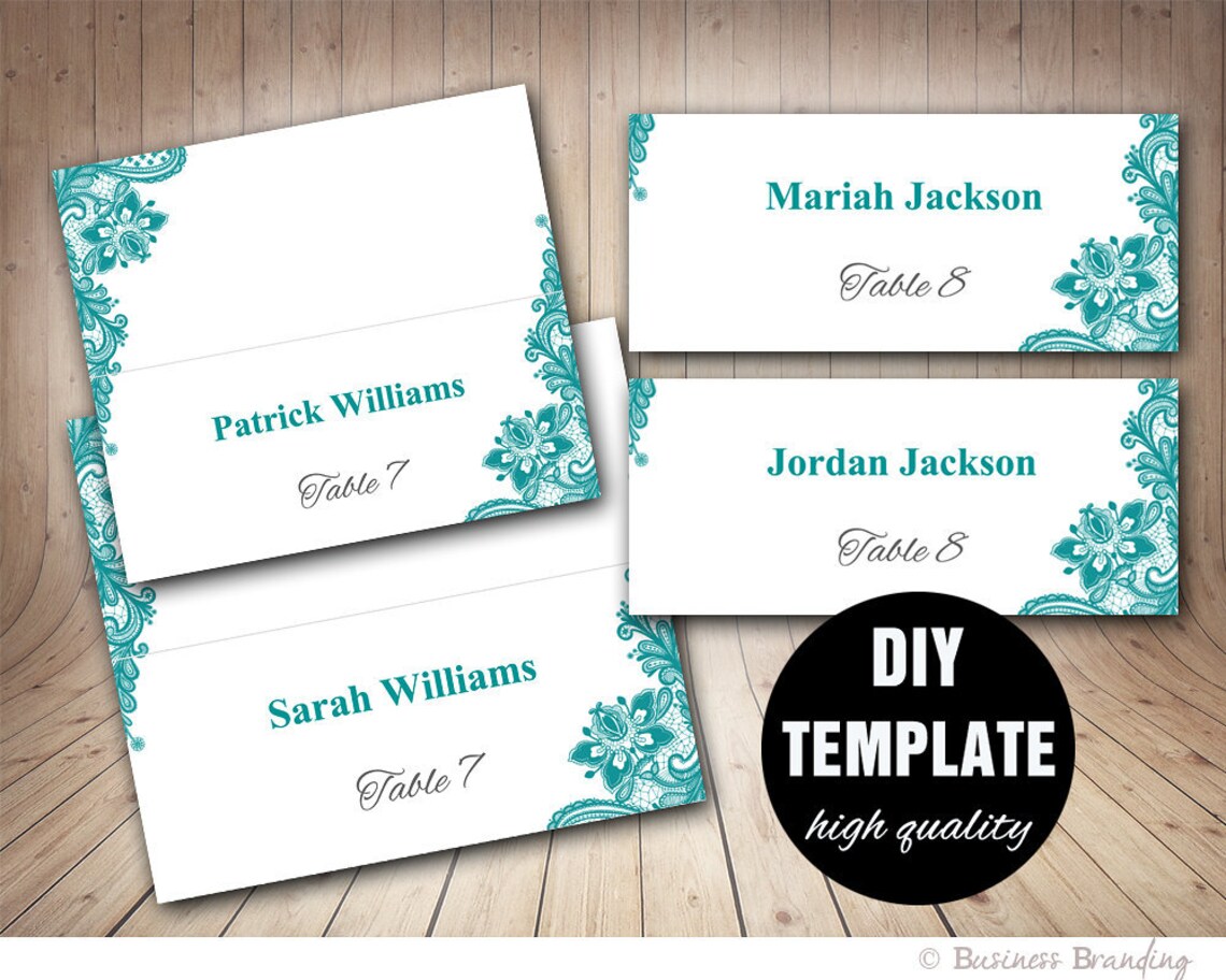 Wedding Lace Place Cards Template Foldoverdiy Teal Place - Etsy