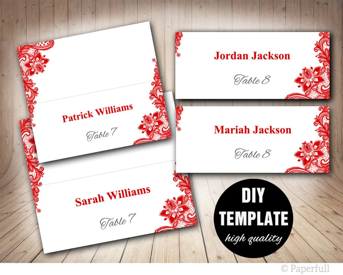 Red Wedding Placecard Template Foldover DIY Red Place Card - Etsy