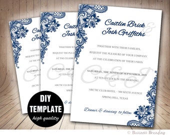 Navy Blue Wedding Invitation Template DIY,Instant Download Printable Wedding Invitation,Blue Wedding Invite,Lace Wedding Invitation