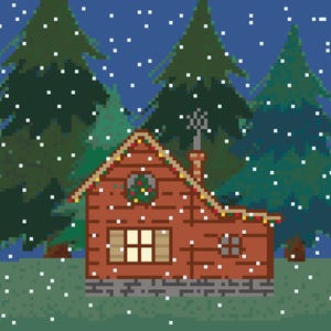 May include: A pixel art illustration of a brown wooden cabin with a stone foundation, a chimney with smoke, and a lit window. The cabin is decorated with a wreath and string lights, set against a backdrop of dark green pine trees during a snowfall.