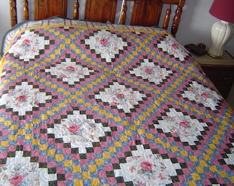 Irish Chain Flowers Patchwork Quilt, twin spread, full or queen quilt or king coverlet