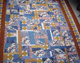 Fun colorful Bluejay Patchwork Quilt, twin spread, full or queen quilt or king coverlet