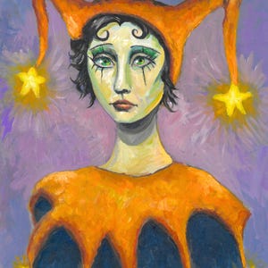 May include: Oil painting of a jester with green eyes, black hair, and a pale complexion. The jester wears an orange hat with star accents and a matching collar over a blue garment. The background is a blend of purple and white.