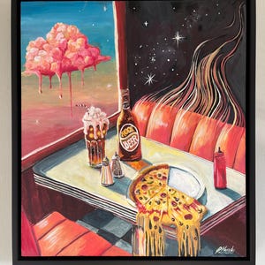 Peinture originale surréaliste pop art étrange salle à manger psychédélique encadrée peinture acrylique Root Beer pizza espace art americana art contemporain