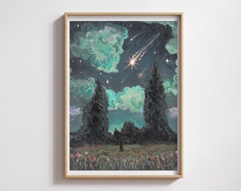 Kunstprint van een meteorenregen - Hemelse muurdecoratie, dromerige kunstposter