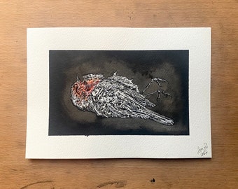 Dode Robin. Tekenen/schilderen in Oost-Indische inkt, gouache en aquarel op papier, A5