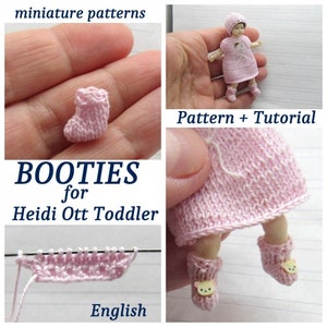 May include: Pink knitted booties with a bear face design, a pattern and tutorial for making booties for a Heidi Ott Toddler doll. The image shows the booties on the doll's feet, a close-up of the booties, and a row of knitting stitches.