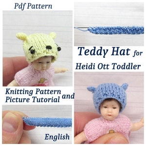 May include: Knitting pattern for a Teddy Hat for a Heidi Ott Toddler doll. The pattern includes a picture tutorial and is written in English. The hat is blue with ear flaps and is shown on a doll wearing a pink dress.