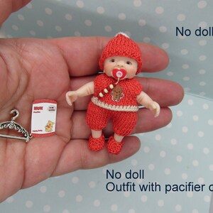 WEARABLE Christmas Miniature OUTFIT for miniature 2&quot; OOAK Baby -&gt; Jacket, Pants, Hat, Booties, Pacifier. Dollhouse 1/12 miniature clothes