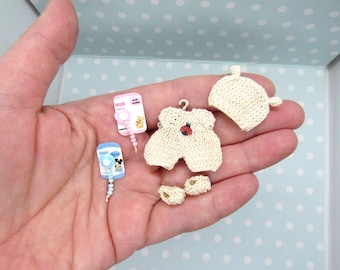 WEARABLE Miniature OUTFIT for mini 2&quot; OOAK Baby -&gt; Overall, Hat, Booties, Pacifier. Dollhouse 1/12 miniature clothes