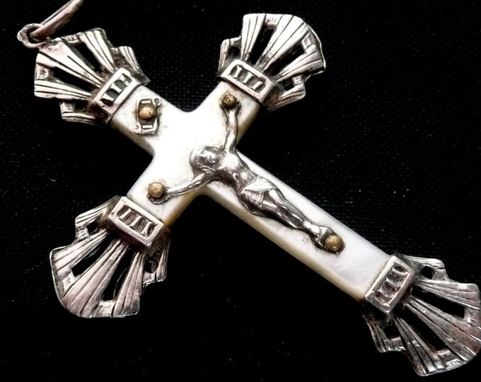 Vintage French Silver and Mother of Pearl Cross Vintage French Silver Crucifix Vintage MOP Cross