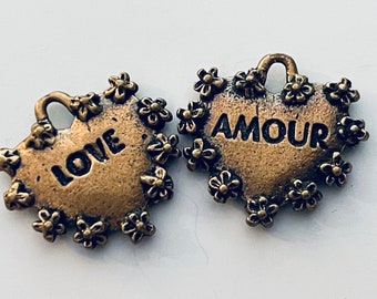 TWO Reproduction Bronze Heart Charms