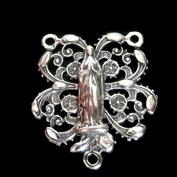 Reproduction Sterling Silver Rosary Connector, Sterling Silver Rosary Centerpiece Medal