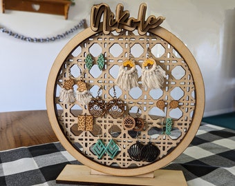 Personalized Jewelry Organizer for Earrings - Laser cut-   Wood Rattan Design- Space saving