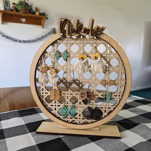 Personalized Jewelry Organizer for Earrings - Laser cut-   Wood Rattan Design- Space saving