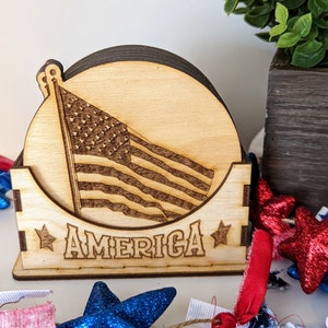 Patriotic Wood Coaster Set  - Set of 6 Flag Coasters -USA America Coasters- Laser Etched