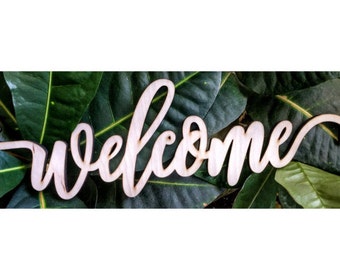 Welcome Script Word Wood Sign, Wooden Words, Sign Art, Rustic Cursive ...
