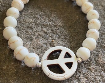 Howlite Peace Sign Bracelet Sterling Silver Bead, Unisex Beaded Jewelry