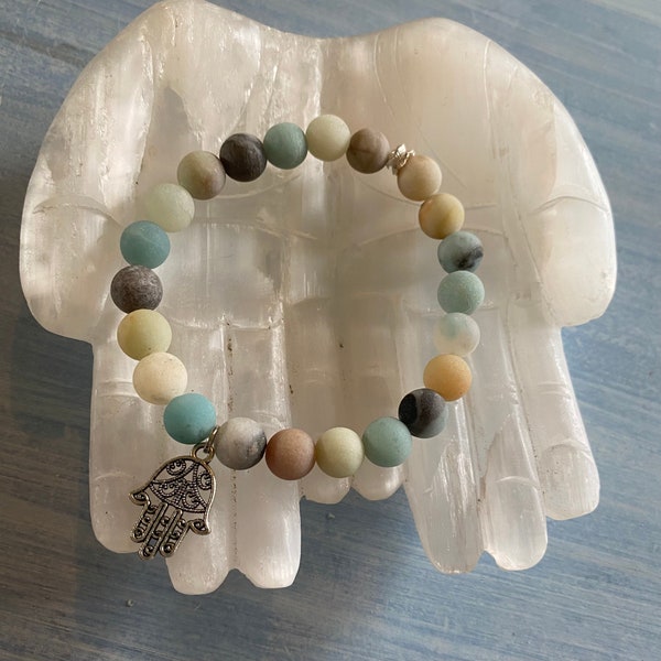 Matte Amazonite Beaded Bracelet Silver Tone Hamsa Hand Charm Good Fortune Peacemaker Gemstone Sterling Silver Spacer Bead Gift Idea