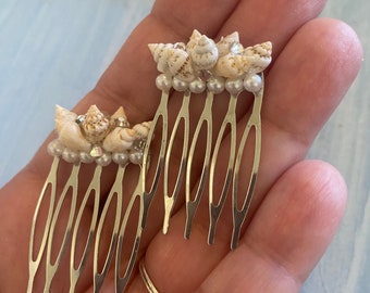 Silver Mermaid Hair Combs, Natural Shells, Pearls, Embellished with Rhinestones Handmade Beach Theme Hair Accessory, 2 Combs
