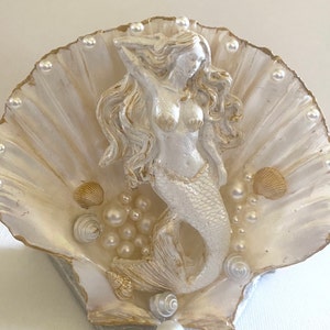 Mermaid Ornament Decoration on Scallop Shell, Pearls, Shells, Hand Painted Gold & Metallic White Beach Decor Mermaid Gift