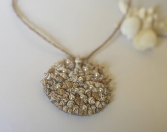 Capiz Shell with Seashells and Pearls Necklace, Jute Twine, Beach Jewelry, Mermaid Gift