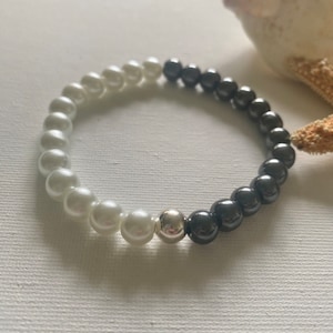 Pearl & Hematite Bracelet Sterling Silver Bead, Handmade Unisex Bold Jewelry Hematite Gemstone Known for Being a Shield Against Negativity