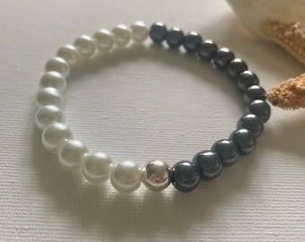 Mens Pearl and Hematite Bracelet with Sterling Silver Spacer Bead, 8mm Beads, Bold Mens Jewelry, Known for Calming Energy Gift Idea for Him