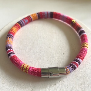 Fabric Cord Bracelet Bright Pink, Multi Color Embroidered Cheerful Pattern Cloth Bracelet, Stainless Steel Magnetic Clasp, Friend Gift Idea