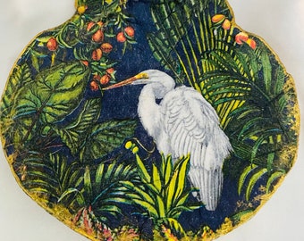 Soporte de baratijas de joyería de concha de pájaro de garza blanca, plato de anillo hecho a mano desacoplado, idea de regalo de decoración costera tropical para amantes de la naturaleza de las aves