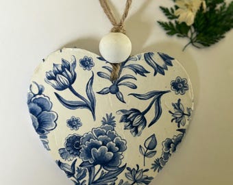 Chinoiserie Heart Ornament, Blue & White Decoupaged Wood Tassel
