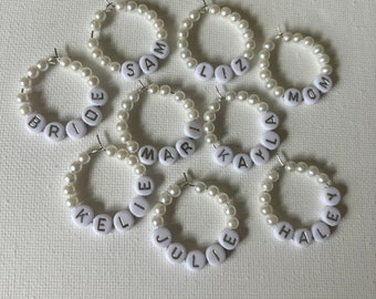 Personalized Pearl Wine Glass Charms, 9 Silver Tone Hoops, Letters White & Silver Names/Words Bachelorette Party Bridal Shower Gift Charms