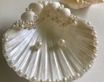 Shell Beach Wedding Ring Dish Ring Bearer Seashells Ring Dish Pearls Ring Holder Rhinestones or Just Pearls Bridal Shower Gift