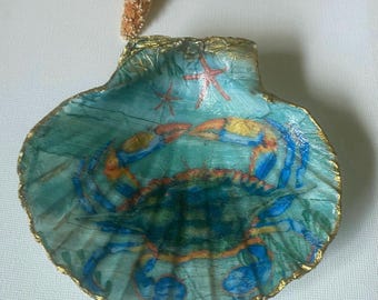 Soporte para joyas con forma de cangrejo, plato para anillos con forma de concha decorada con decoupage, joyero con forma de decoración playera