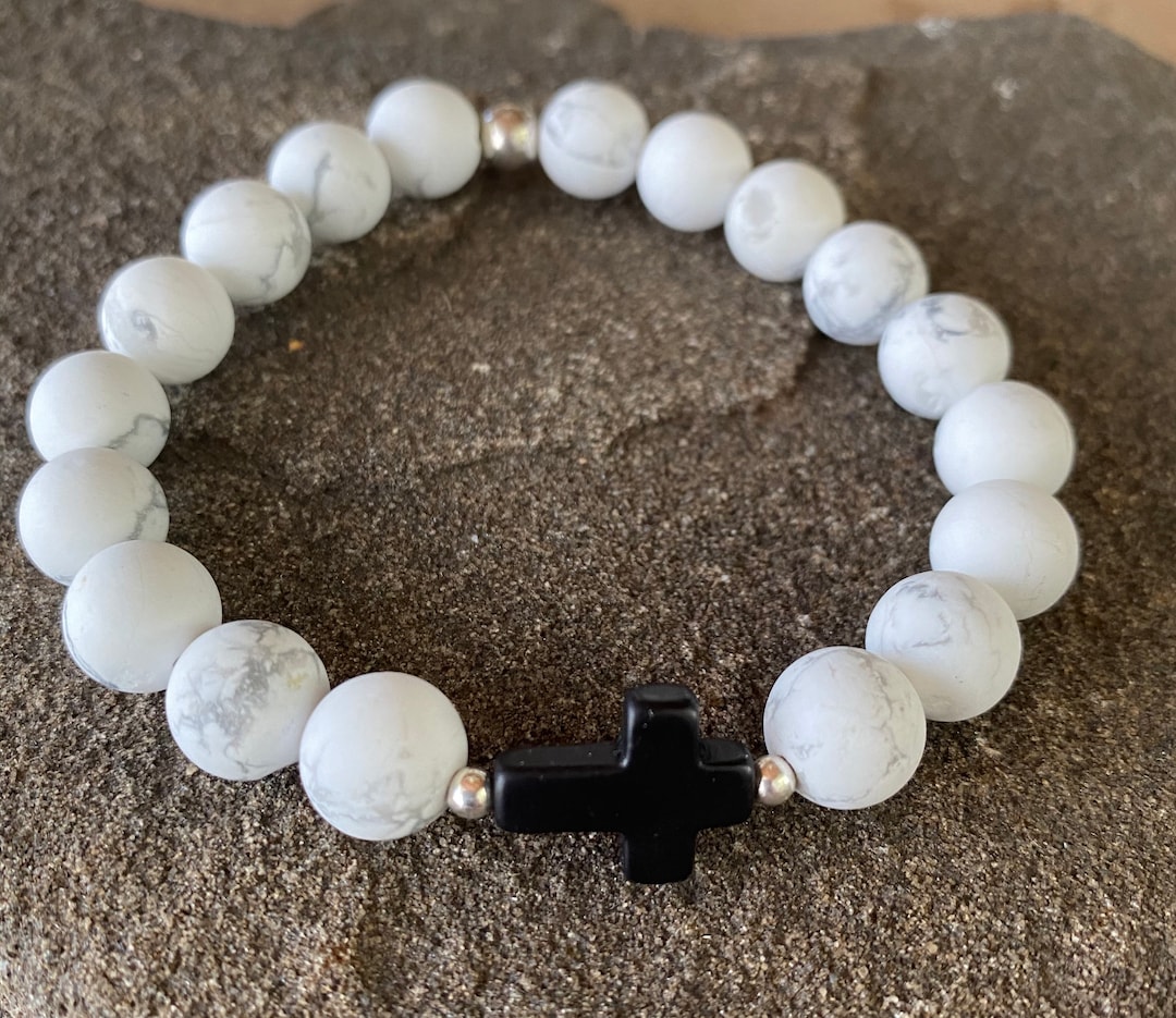 Howlite Cross Bracelet Sterling Silver Beads, Christian Jewelry - Etsy