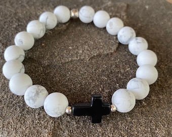 Howlite Cross Bracelet Sterling Silver Beads, Christian Jewelry