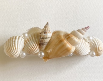 Mermaid Hair Barrette Natural Seashells & Pearls, Hand Made Beach Theme Party Wedding 4” Across Hair Accessory